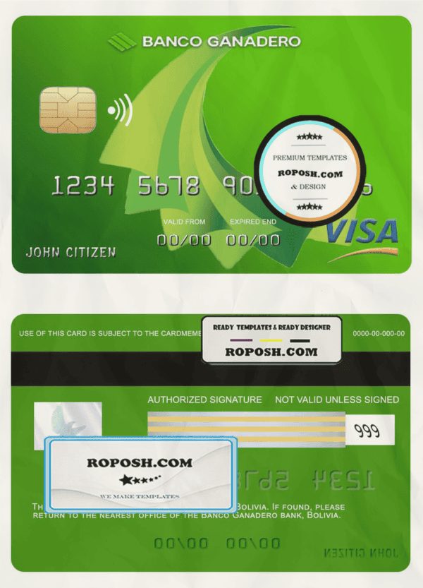Bolivia Ganadero bank visa card template in PSD format, fully editable