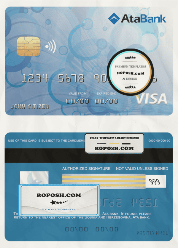 Bosnia and Herzegovina Ata bank visa card template in PSD format, fully editable