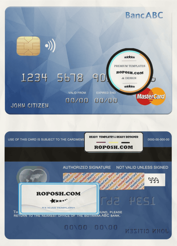 Bostwana ABC bank mastercard template in PSD format, fully editable