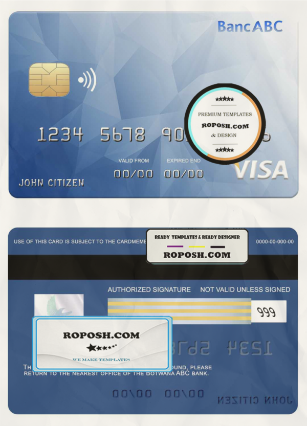 Bostwana ABC bank visa card template in PSD format, fully editable scan effect