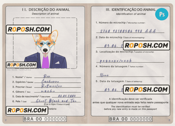 Brazil dog (animal, pet) passport PSD template, completely editable