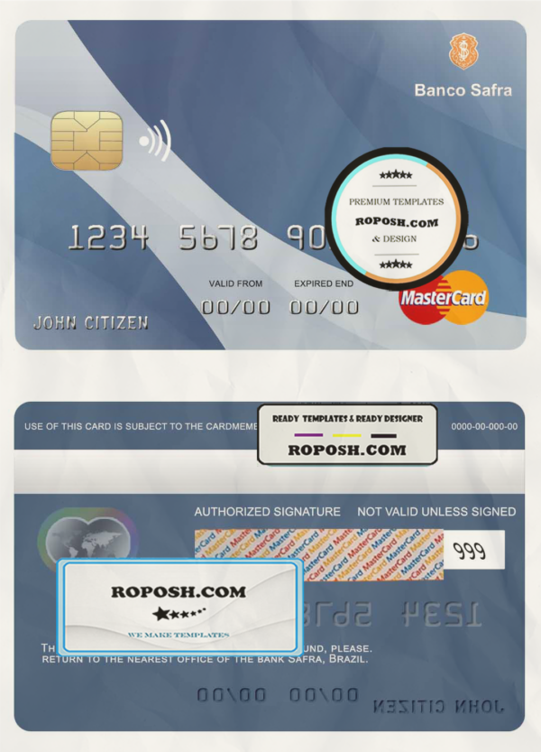 Brazil Safra bank mastercard credit card template in PSD format, fully editable scan effect