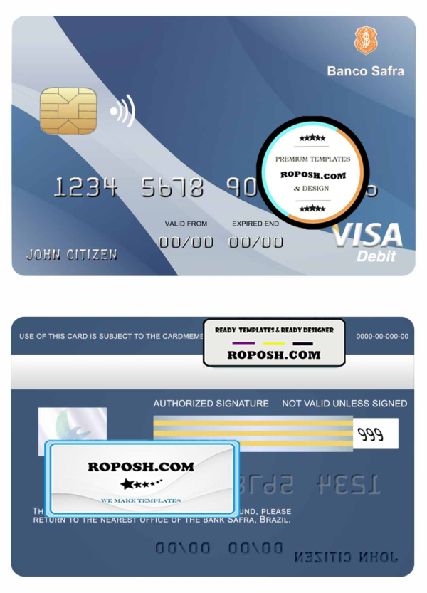 Brazil Safra bank visa credit card template in PSD format, fully editable