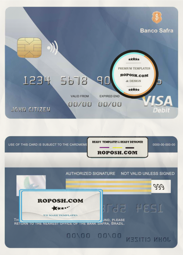 Brazil Safra bank visa credit card template in PSD format, fully editable scan effect
