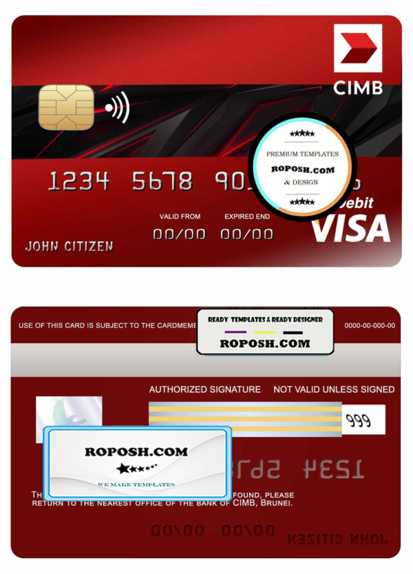 Brunei CIMB Bank visa credit card template in PSD format, fully editable