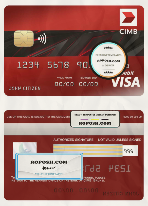 Brunei CIMB Bank visa credit card template in PSD format, fully editable scan effect