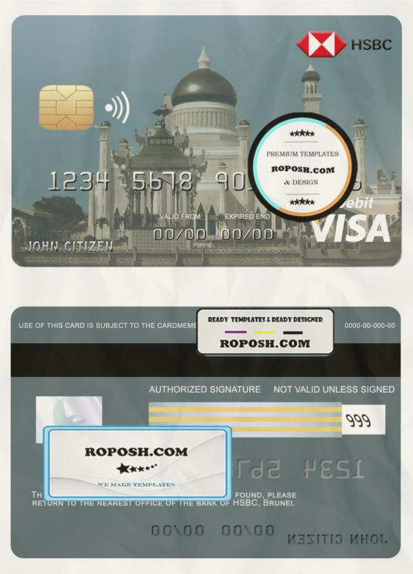 Brunei HSBC bank visa credit card template in PSD format, fully editable scan effect