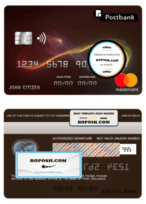 Bulgaria Post Bank mastercard credit card template in PSD format, fully editable
