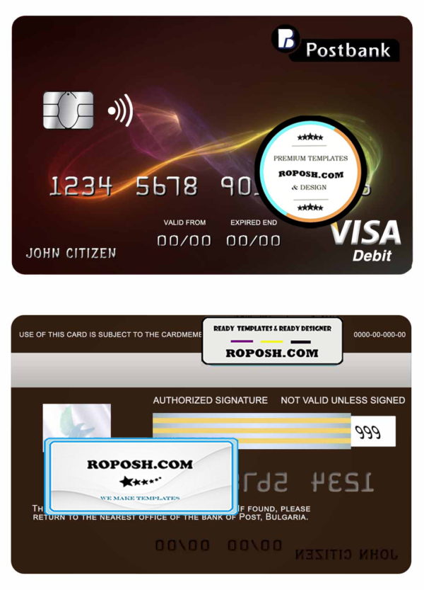 Bulgaria Post Bank visa credit card template in PSD format, fully editable