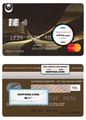 Bulgaria United Bank mastercard credit card template in PSD format, fully editable