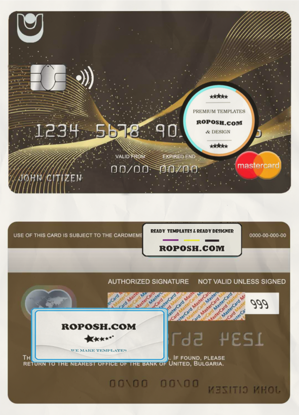 Bulgaria United Bank mastercard credit card template in PSD format, fully editable scan effect