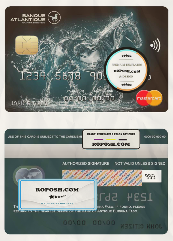 Burkina Faso Atlantique bank mastercard credit card template in PSD format, fully editable scan effect