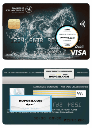 Burkina Faso Atlantique bank visa credit card template in PSD format