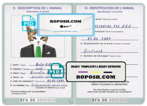 Burkina Faso cat (animal, pet) passport PSD template, fully editable