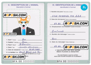 Burkina Faso dog (animal, pet) passport PSD template, fully editable