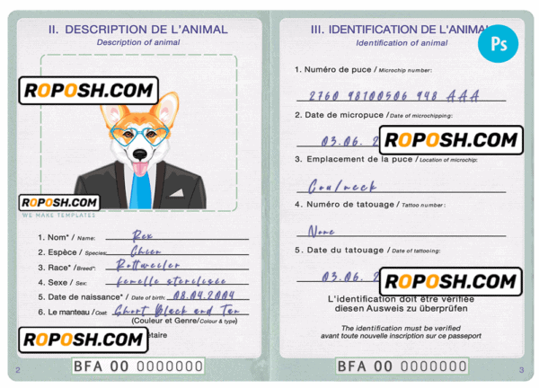 Burkina Faso dog (animal, pet) passport PSD template, fully editable
