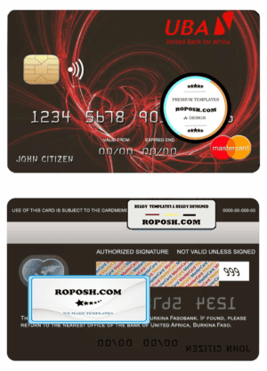 Burkina Faso United bank for Africa mastercard credit card template in PSD format
