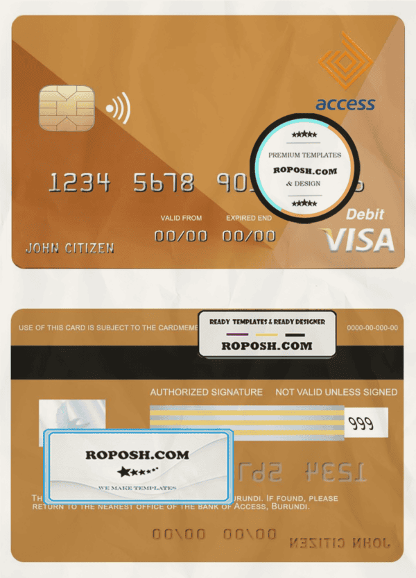 Burundi Access bank visa credit card template in PSD format, fully editable
