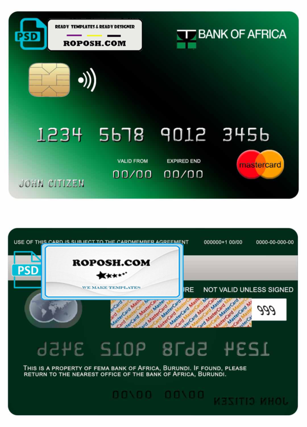 Burundi Africa mastercard credit card template in PSD format, fully editable