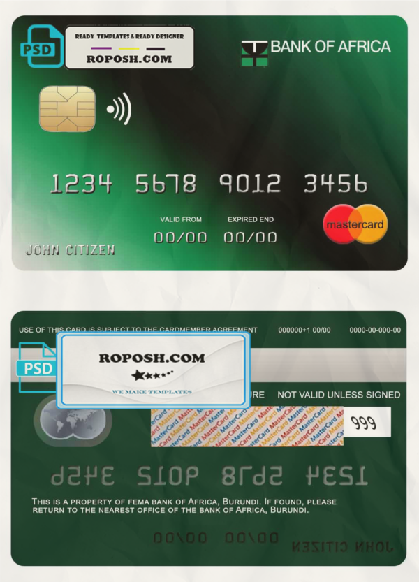 Burundi Africa mastercard credit card template in PSD format, fully editable scan effect