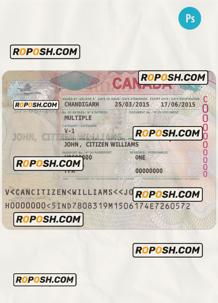 Canada entrance visa PSD template, with fonts scan effect