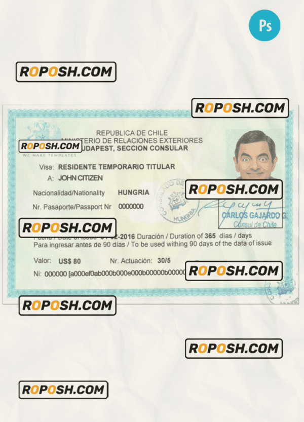 CHILE visa PSD template, completely editable, with fonts