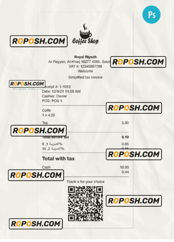 COFFEE SHOP payment receipt template PSD template