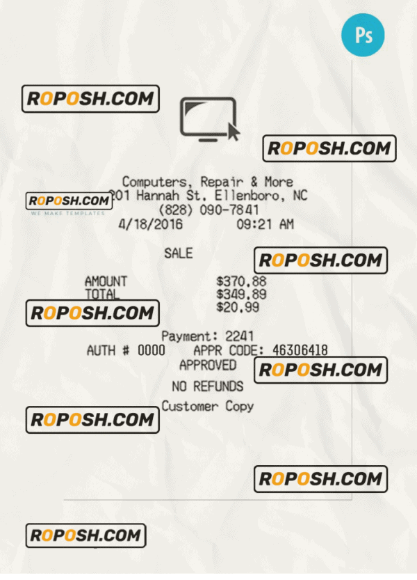 COMPUTERS,REPAIR & MORE payment receipt PSD template