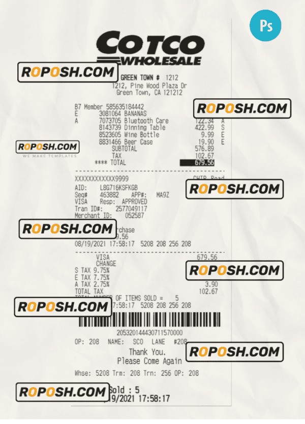 COTCO WHOLESALE payment receipt PSD template