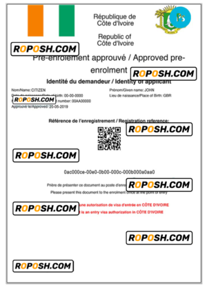 COTE D’IVOIRE e-visa PSD template, with fonts
