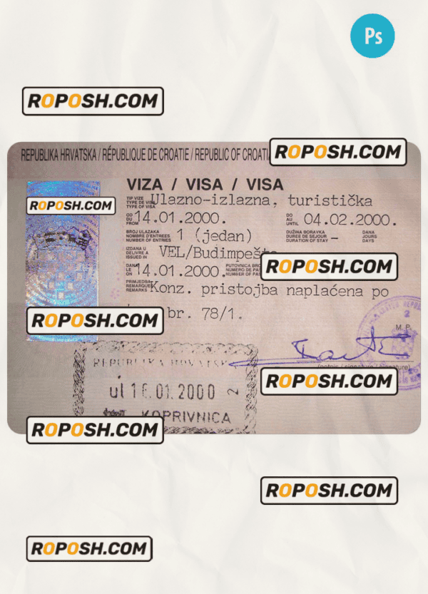 CROATIA travel visa PSD template, completely editable, with fonts