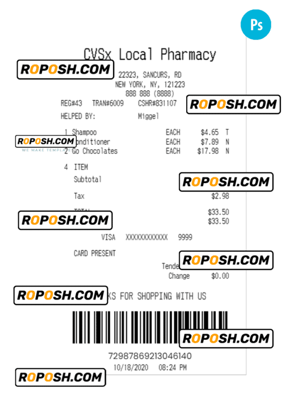 CVSx LOCAL PHARMACY payment receipt PSD template
