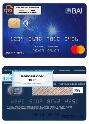 Cabo Verde BAI bank mastercard credit card template in PSD format, fully editable