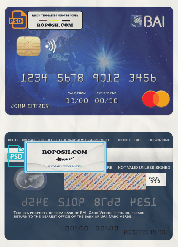 Cabo Verde BAI bank mastercard credit card template in PSD format, fully editable