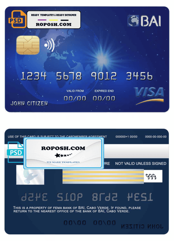 Cabo Verde BAI bank visa card credit card template in PSD format, fully editable