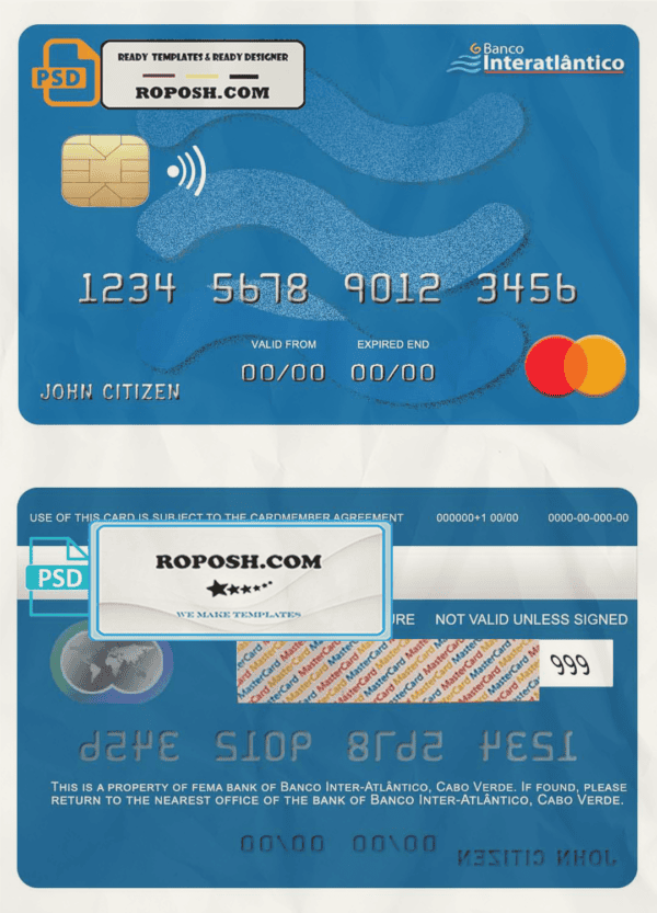 Cabo Verde Banco Inter-Atlântico bank mastercard template in PSD format, fully editable