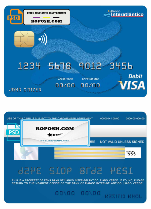 Cabo Verde Banco Inter-Atlântico bank visa card template in PSD format, fully editable