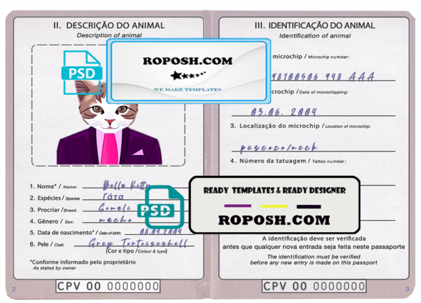 Cabo Verde cat (animal, pet) passport PSD template, fully editable