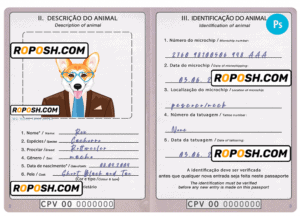 Cabo Verde dog (animal, pet) passport PSD template, fully editable