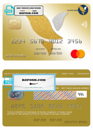 Cambodia Acleda bank mastercard template in PSD format, fully editable