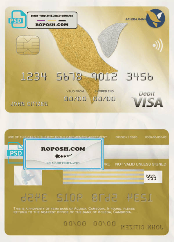 Cambodia Acleda bank visa card template in PSD format, fully editable