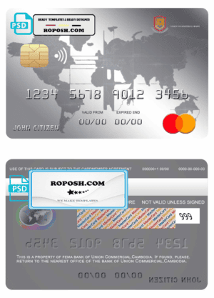 Cambodia Union Commercial bank mastercard credit card template in PSD format, fully editable