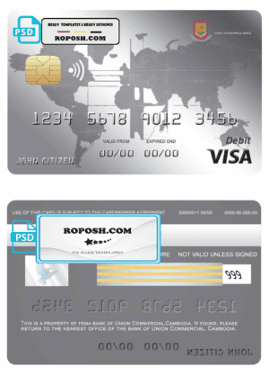 Cambodia Union Commercial bank visa credit card template in PSD format, fully editable