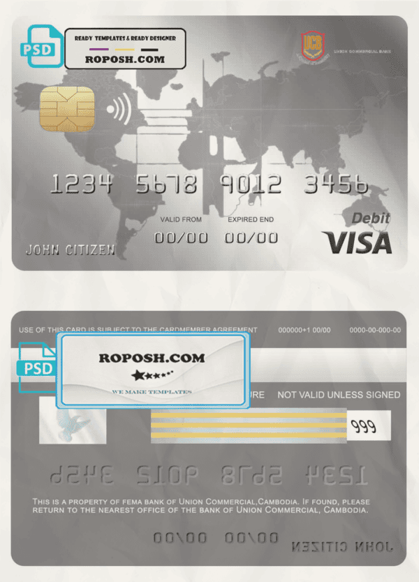Cambodia Union Commercial bank visa credit card template in PSD format, fully editable
