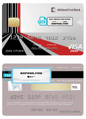 Cameroon Afriland First bank visa card credit card template in PSD format, fully editable