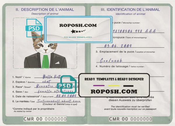 Cameroon cat (animal, pet) passport PSD template, fully editable