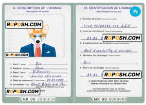 Cameroon dog (animal, pet) passport PSD template, fully editable