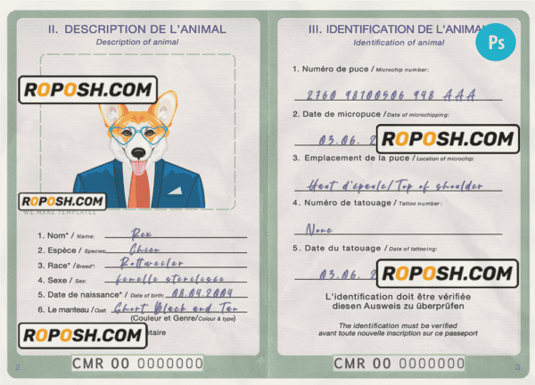 Cameroon dog (animal, pet) passport PSD template, fully editable