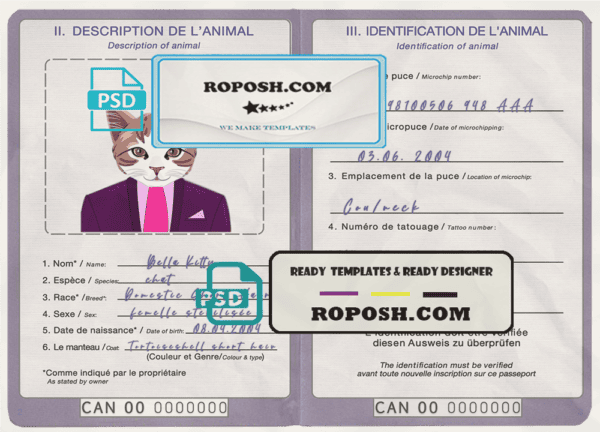 Canada cat (animal, pet) passport template in PSD format, fully editable