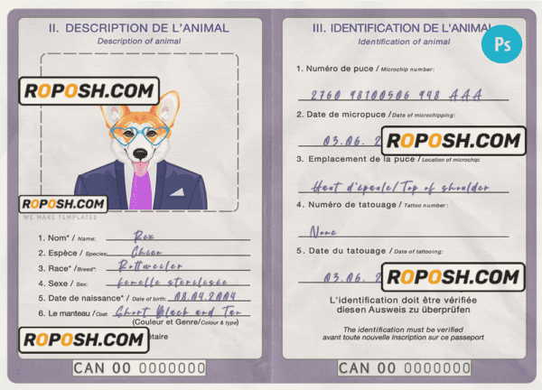 Canada dog (animal, pet) passport PSD template, fully editable